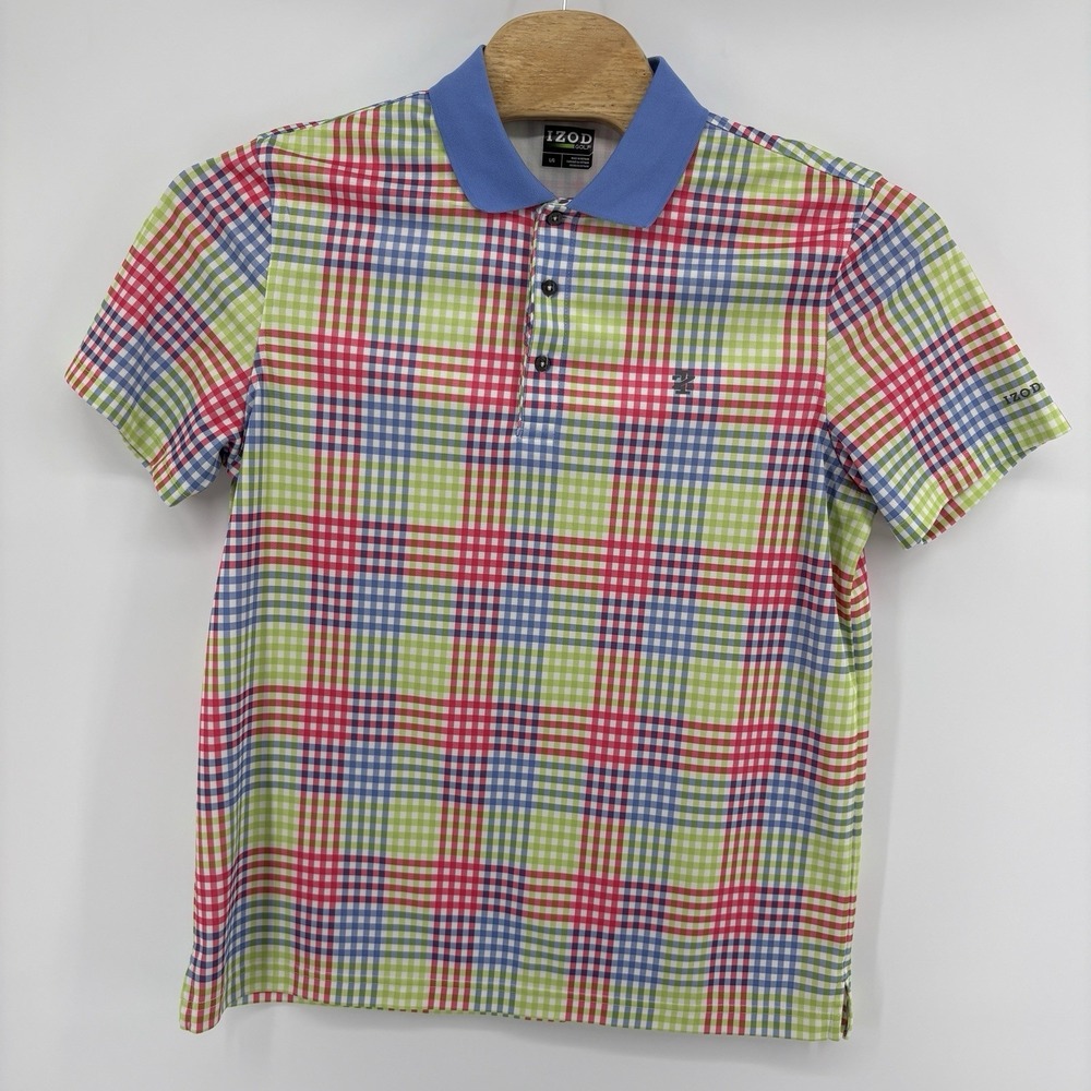 Izod Golf Polo Men's Size Large Multi Color Short Sleeve Polo Grid Pattern